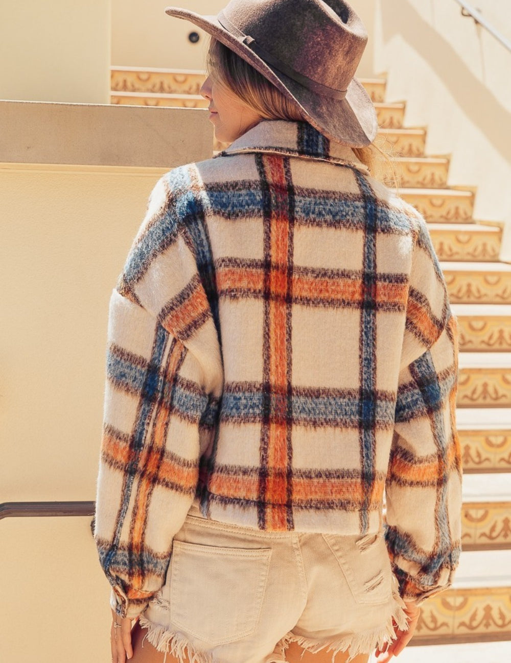 BiBi Brushed Plaid Crop Jacket with Pockets Jackets