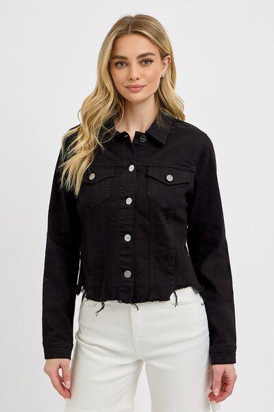 RISEN Full Size Irregular Fray Hem Button Up Denim Jacket Plus Size Black 3XL