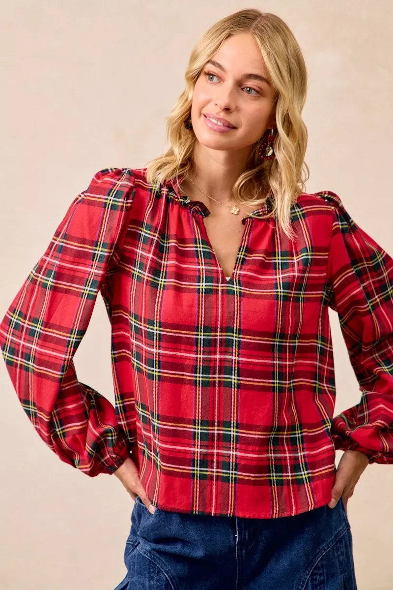 BiBi Christmas Plaid Balloon Sleeves Ruffled V-Neck Top | Daverri Fashions