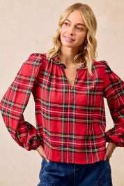 BiBi Christmas Plaid Balloon Sleeves Ruffled V-Neck Top | Daverri Fashions