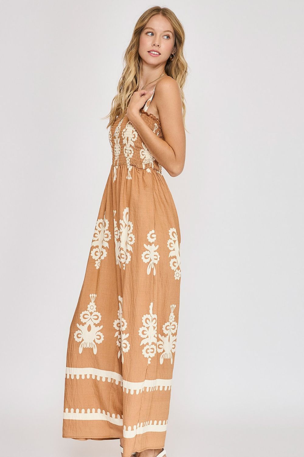 Umgee Full Size Smocked Printed Wide Leg Jumpsuit Plus Size Jumpsuits