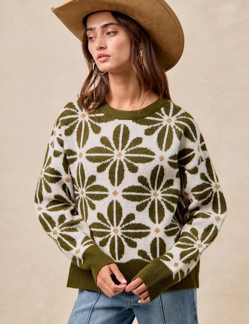 OLIVE IVORY XL BiBi Flower Pattern Long Sleeve Sweater Olive | Sweaters Daverri Fashions