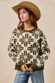 OLIVE IVORY XL BiBi Flower Pattern Long Sleeve Sweater Olive | Sweaters Daverri Fashions