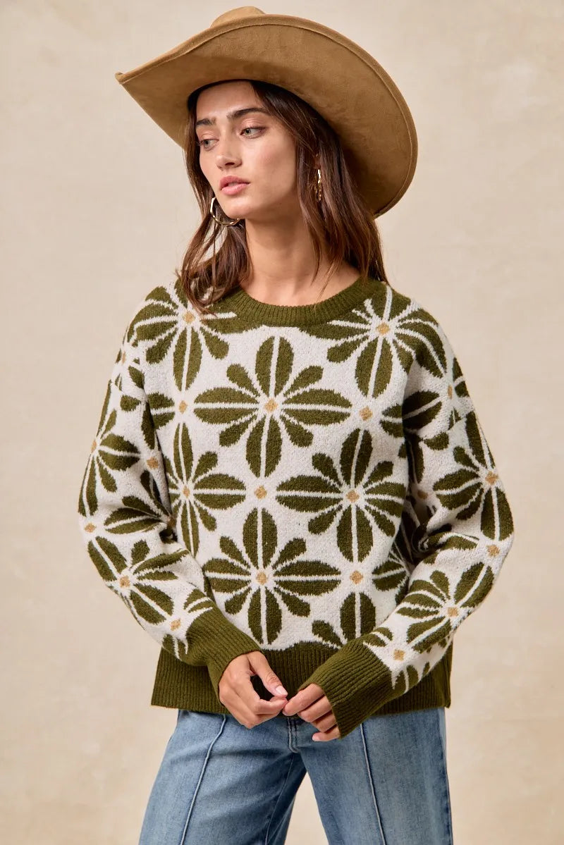 BiBi Flower Pattern Long Sleeve Sweater OLIVE IVORY Sweaters