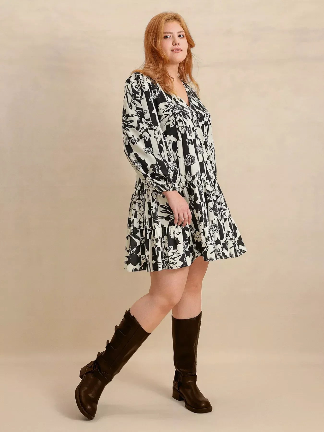 Plus Size Printed V-Neck Long Sleeve Mini Dress - DAVERRI FASHIONS