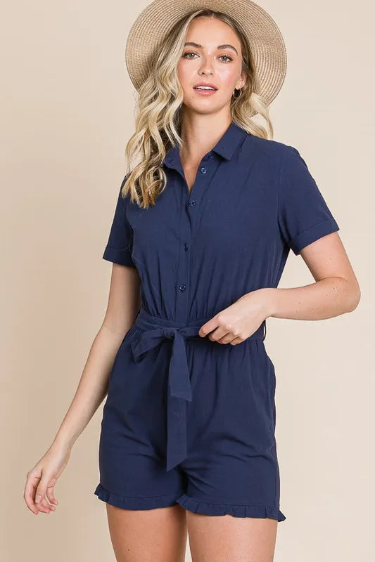 Lime 'N' Chili Collared Button Down Romper with Tie Belt Rompers