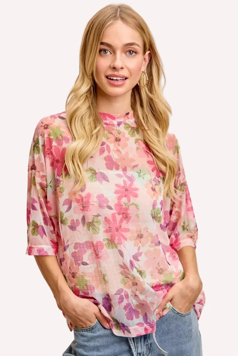 BiBi soft pink floral print blouse with 3/4 sleeves relaxed fit