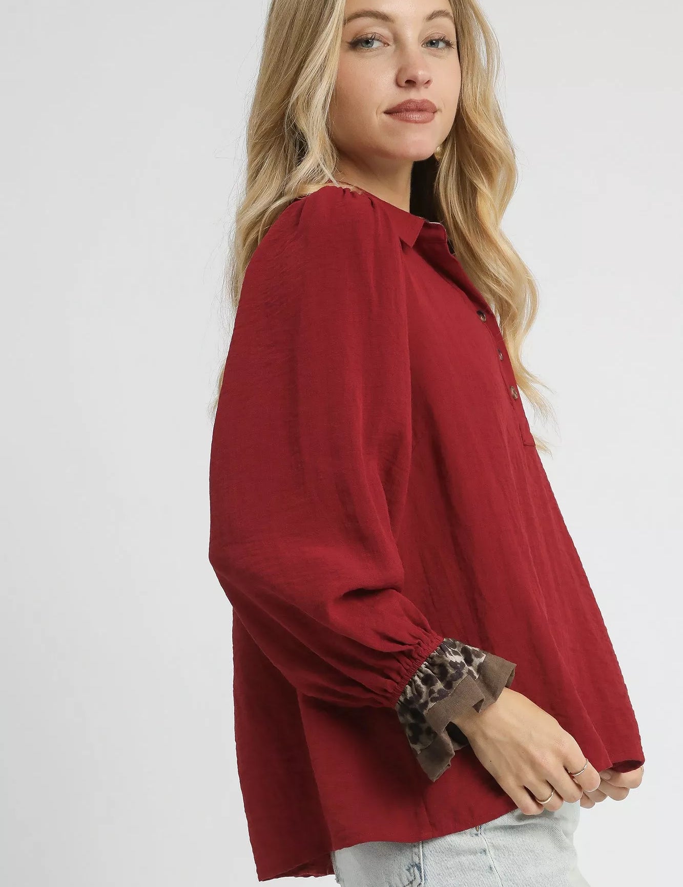 Umgee Half Button Blouse with Leopard Print Trim | Blouses Daverri Fashions