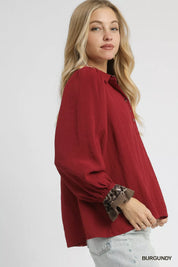 Umgee Half Button Blouse with Leopard Print Trim | Blouses Daverri Fashions