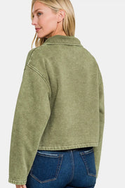 Zenana Acid Wash Fleece Half Snap Sweatshirt with Pocket Lt Olive | Daverri Fashions