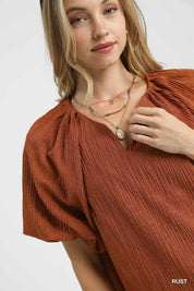 Umgee Textured Flutter Sleeve Notch Neck Top Rust | Blouses Daverri Fashions