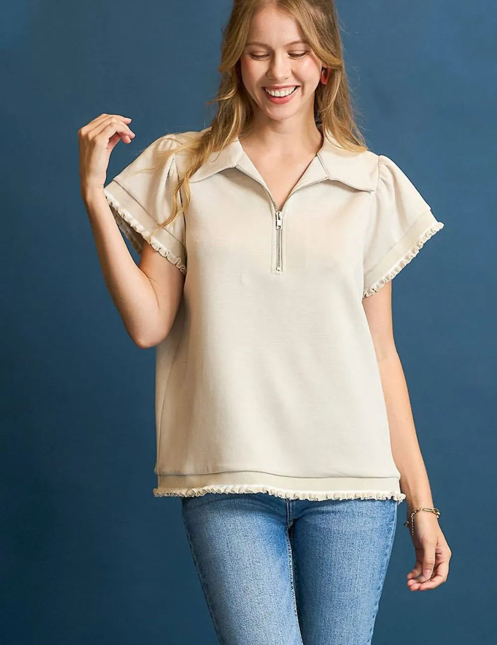Cream Umgee Frill Hem Half-Zip Collared Blouse | Daverri Fashions