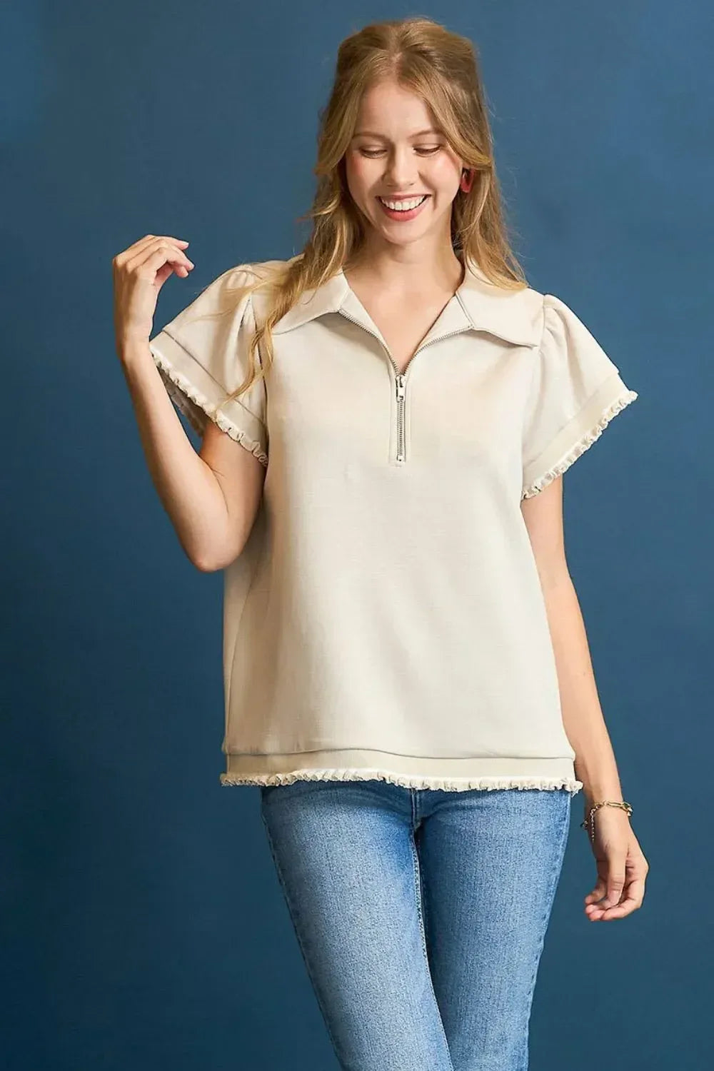 Umgee Frill Hem Half-Zip Collared Blouse - DAVERRI FASHIONS