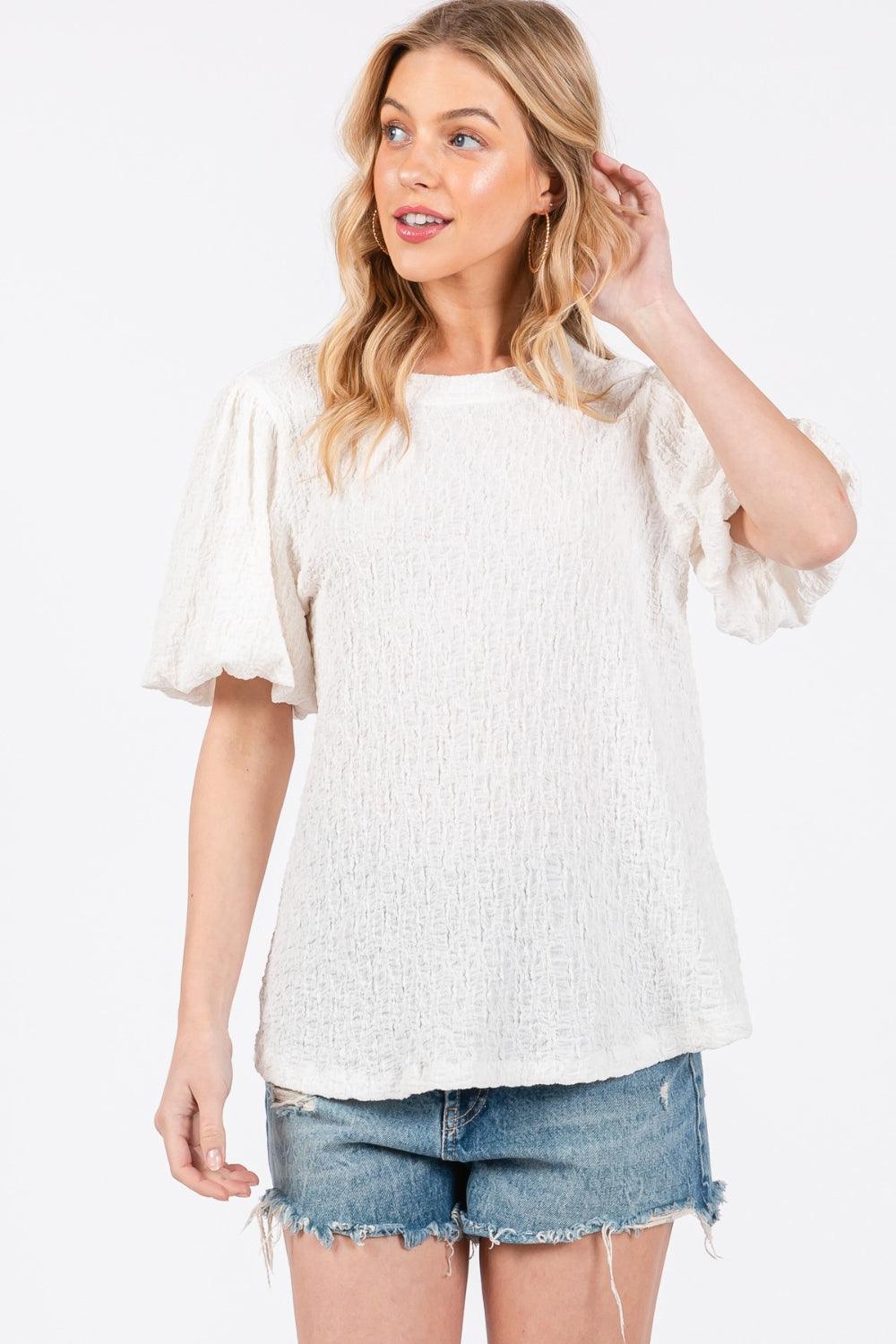 Ces Femme Textured Puff Sleeve Top - DAVERRI FASHIONS