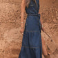 Button front sleeveless denim dress in mid-blue with tiered skirt