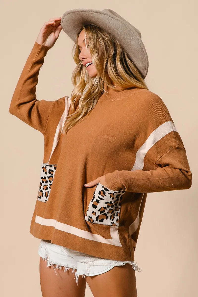 BiBi Mock Neck Sweater with Leopard Pocket Sweaters