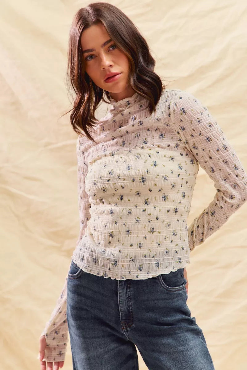 SO ME floral print textured long sleeve knit top in cream with black pattern