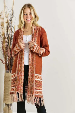 ADORA Plus Size Fringe Hem Aztec Border Cardigan - DAVERRI FASHIONS