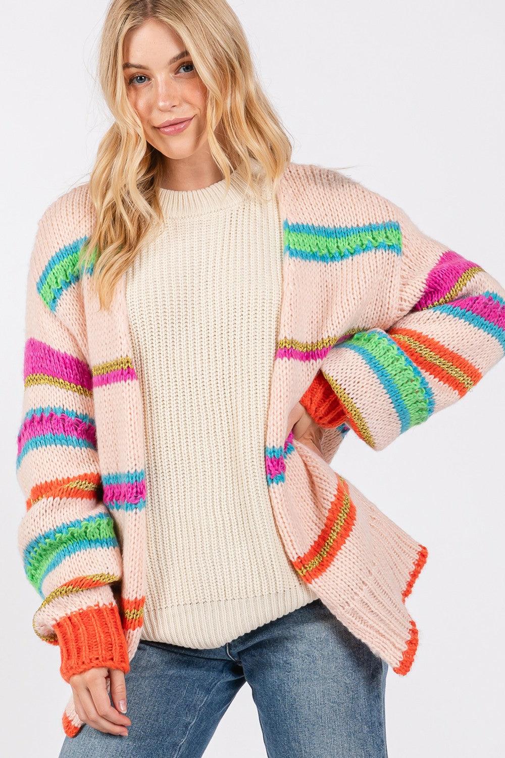SAGE + FIG Rainbow Striped Open Front Knit Cardigan Cardigans