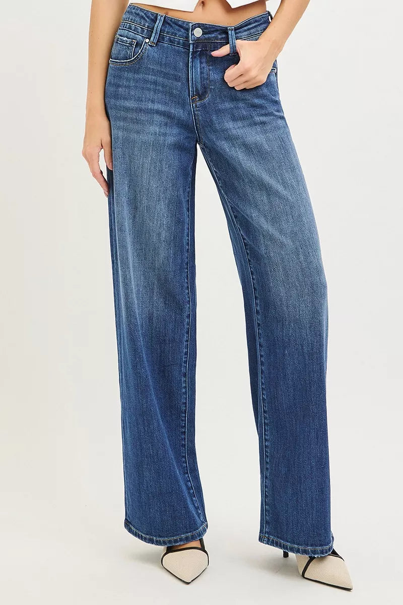 Blue RISEN slouchy baggy wide-leg denim jeans with pockets
