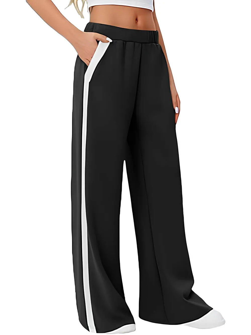 Black wide-leg pants with white side stripe, Side Striped Wide Leg Pants