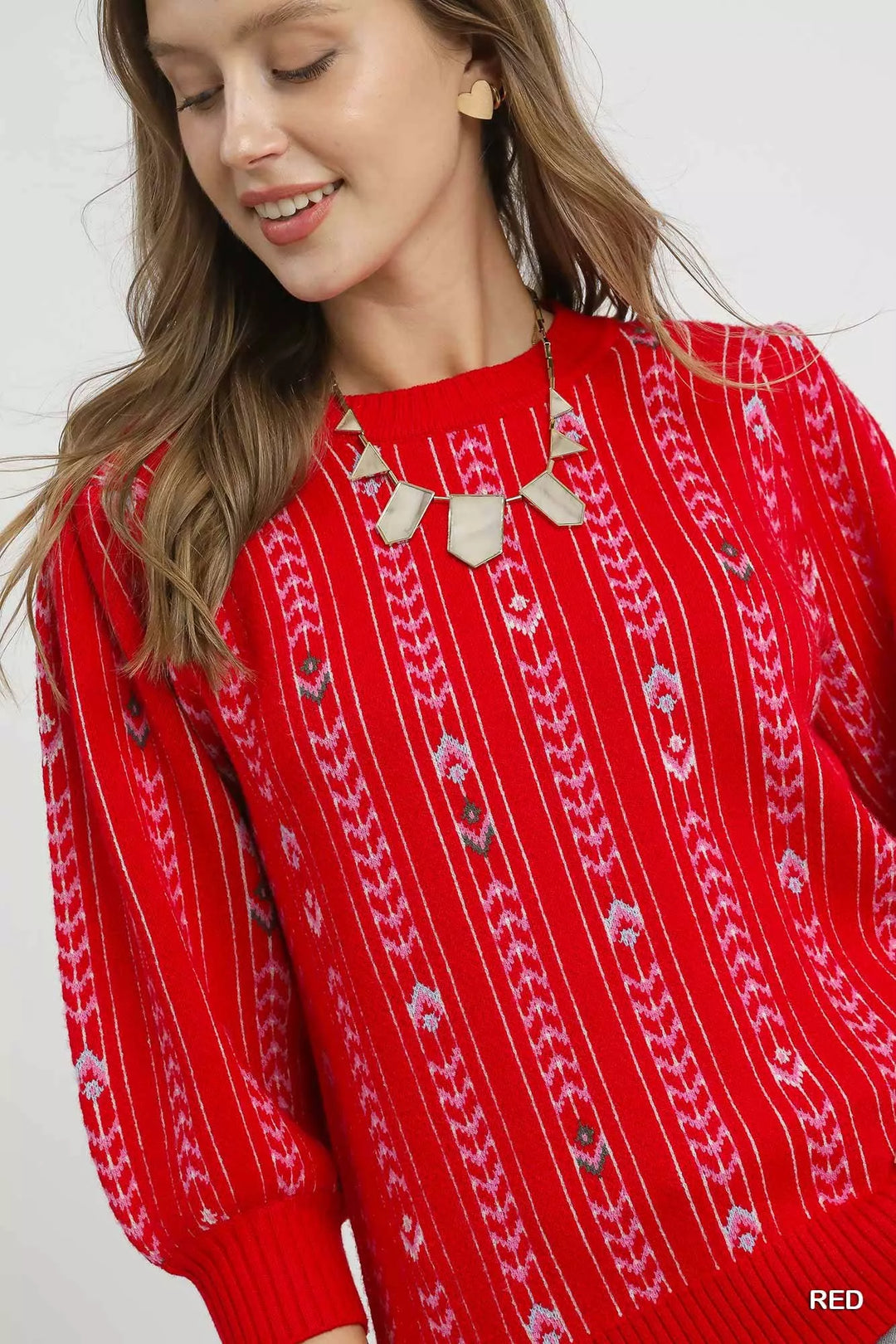 Umgee Jacquard Knit Puff Sleeve Sweater | Sweaters Daverri Fashions