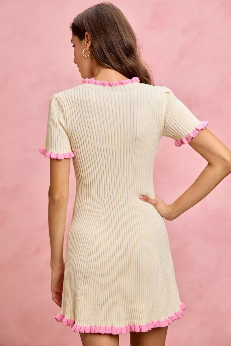 SO ME cream ribbed knit mini dress with pink ruffle trim