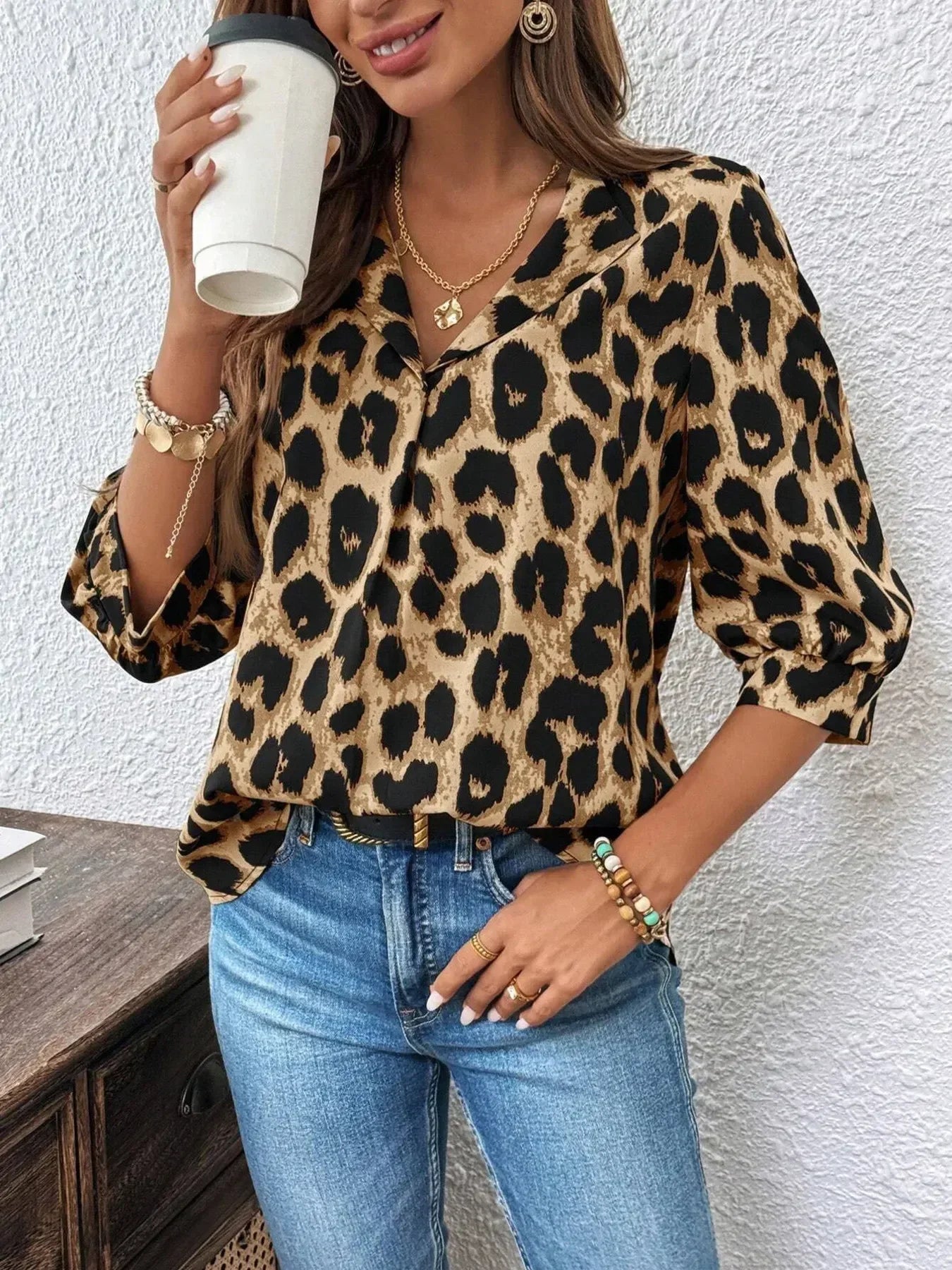 Leopard Print 3/4 Sleeve Blouse - DAVERRI FASHIONS