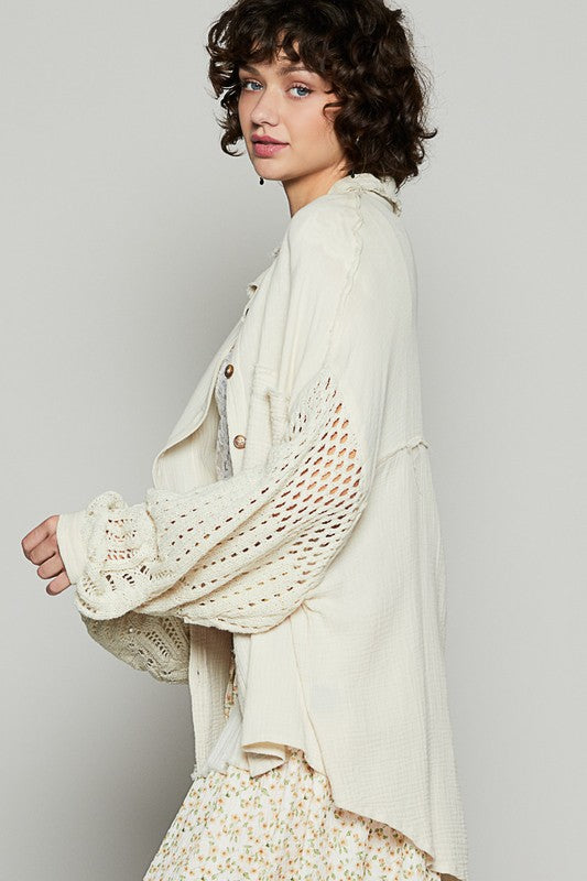 POL Openwork Lantern Sleeve Button Down Gauze Shirt