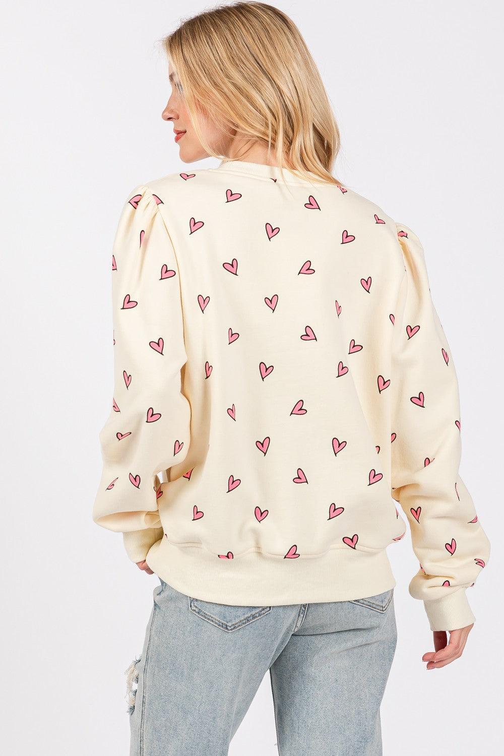 SAGE + FIG Heart Printed Contrast Long Sleeve Sweatshirt - DAVERRI FASHIONS