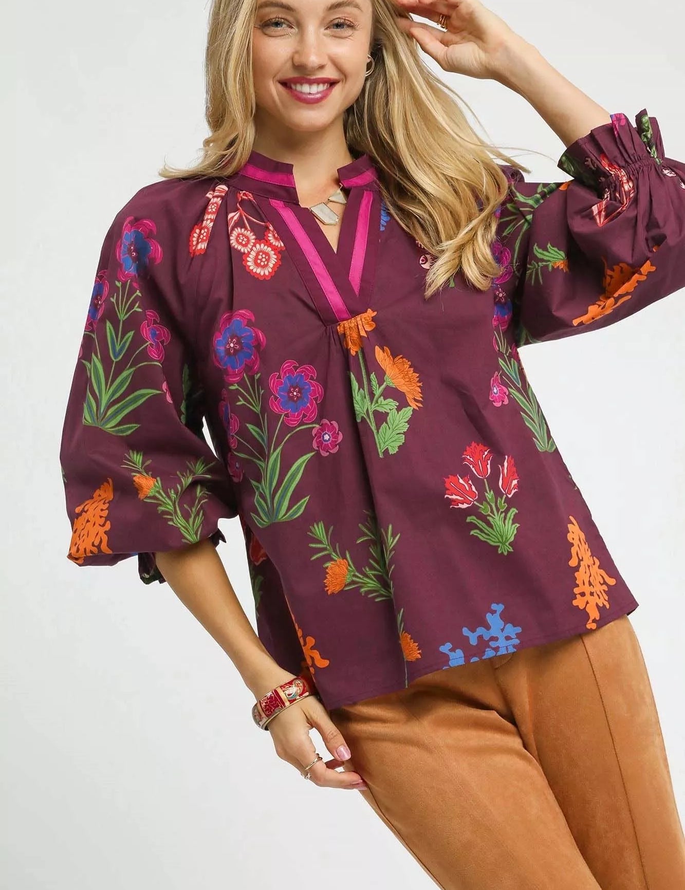 BURGUNDY MIX Umgee Floral Print Flounce Sleeve Blouse | Blouses Daverri Fashions