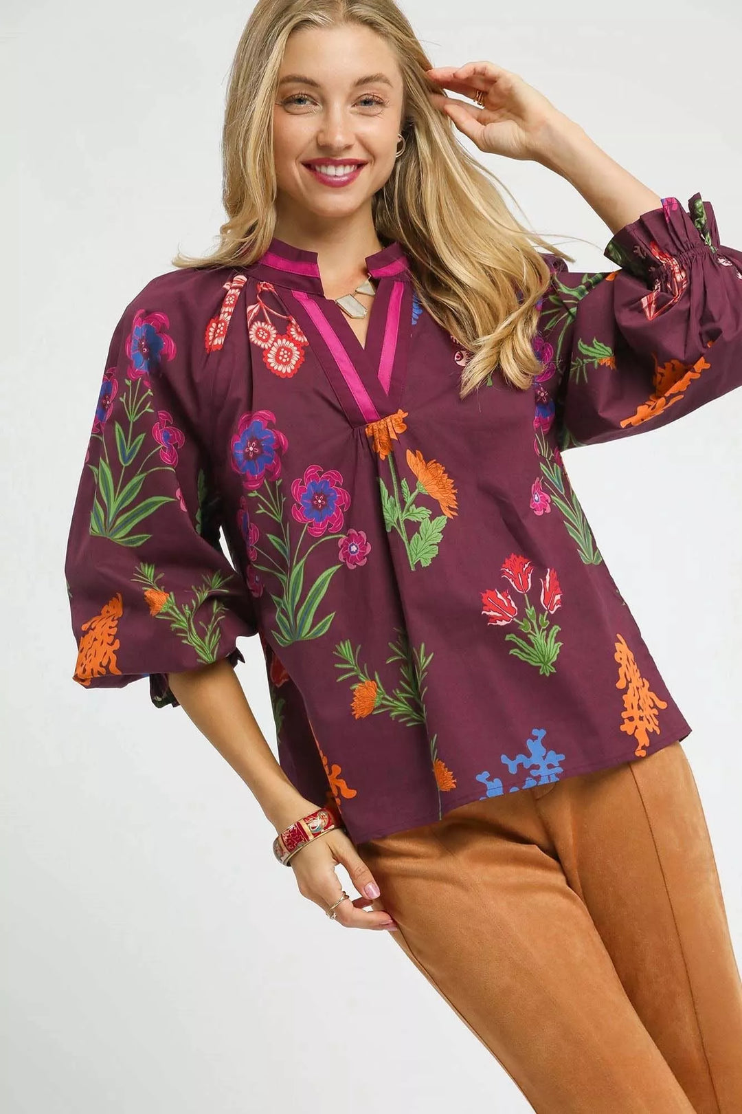 BURGUNDY MIX Umgee Floral Print Flounce Sleeve Blouse | Blouses Daverri Fashions