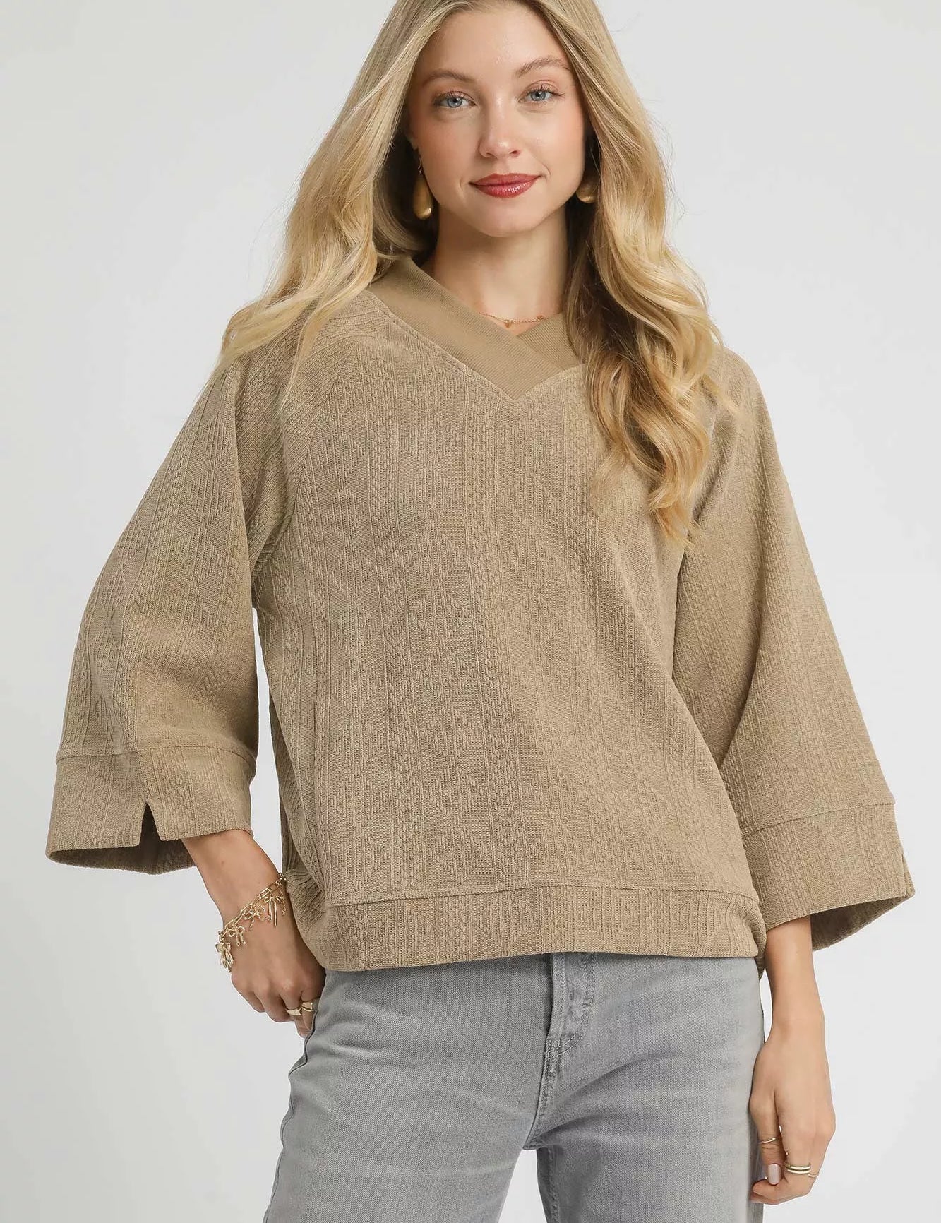 Taupe Umgee Textured Knit V-Neck Top Taupe | Knit Tops Daverri Fashions