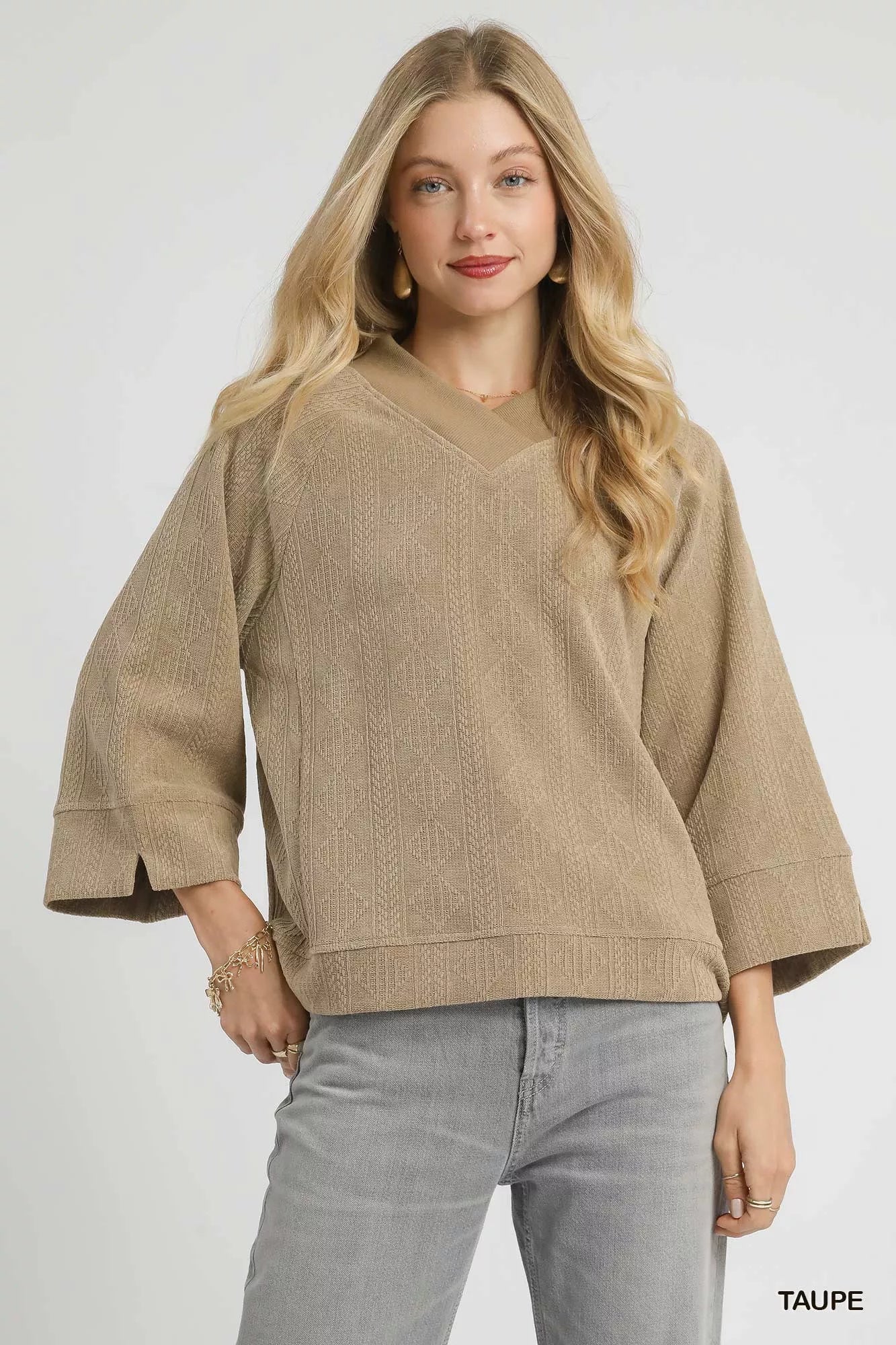 Taupe Umgee Textured Knit V-Neck Top Taupe | Knit Tops Daverri Fashions