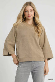 Taupe Umgee Textured Knit V-Neck Top Taupe | Knit Tops Daverri Fashions