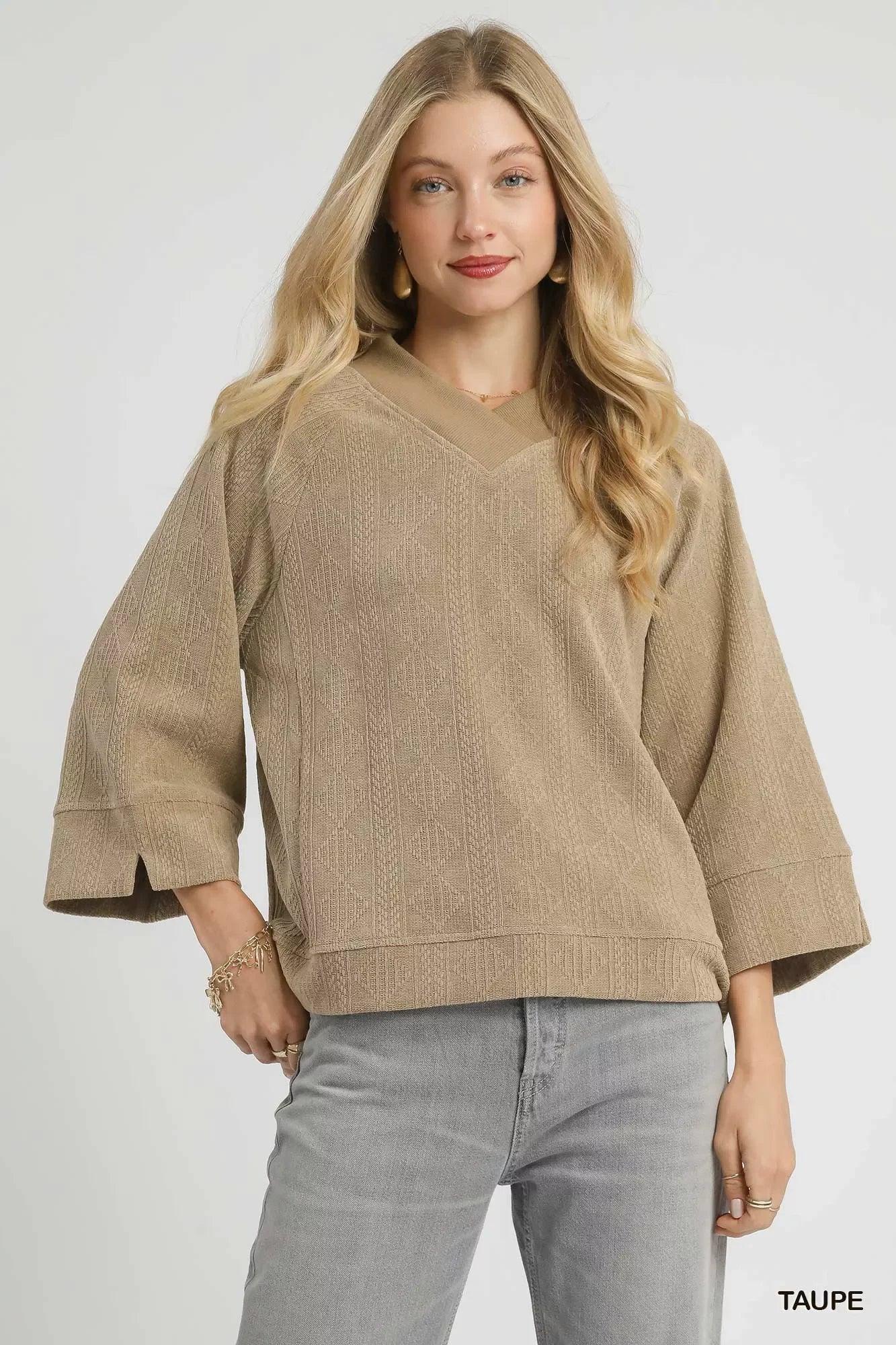 Umgee Textured Knit V-Neck Top Taupe - DAVERRI FASHIONS
