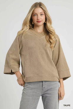 Umgee Textured Knit V-Neck Top Taupe - DAVERRI FASHIONS
