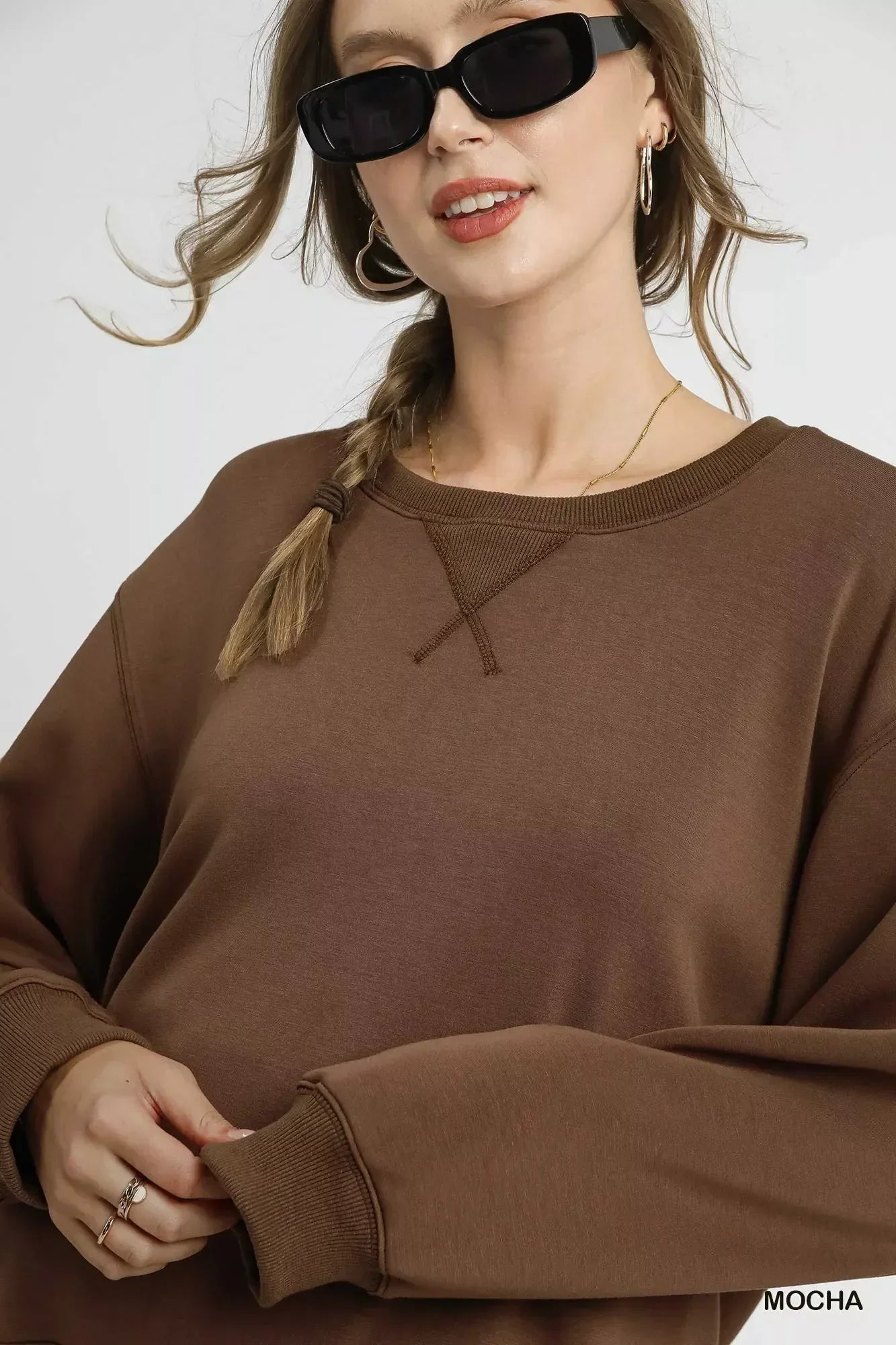 Umgee Round Neck Long Sleeve Fleece Sweatshirt - DAVERRI FASHIONS