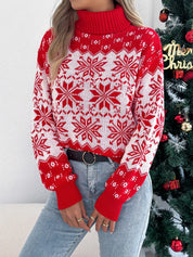 Red Christmas Snowflake Turtleneck Long Sleeve Sweater | Sweaters Daverri Fashions