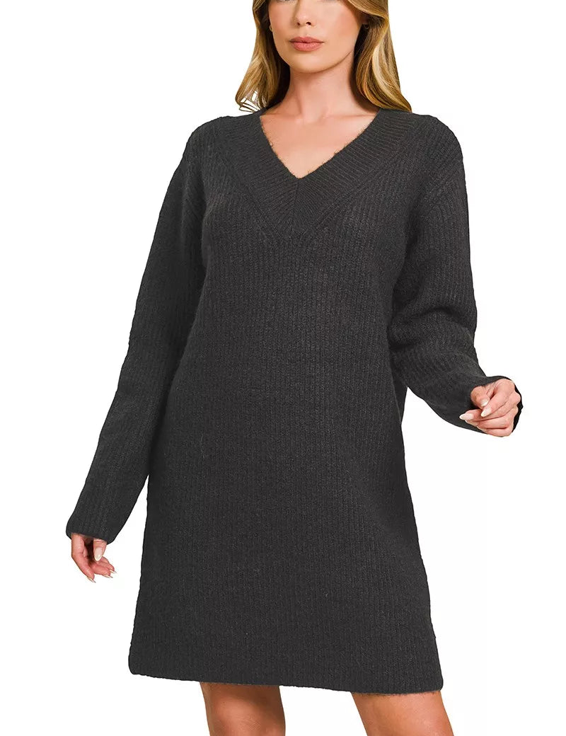 BLACK V-Neck Long Sleeve Ribbed Sweater Dress | Daverri Fashions