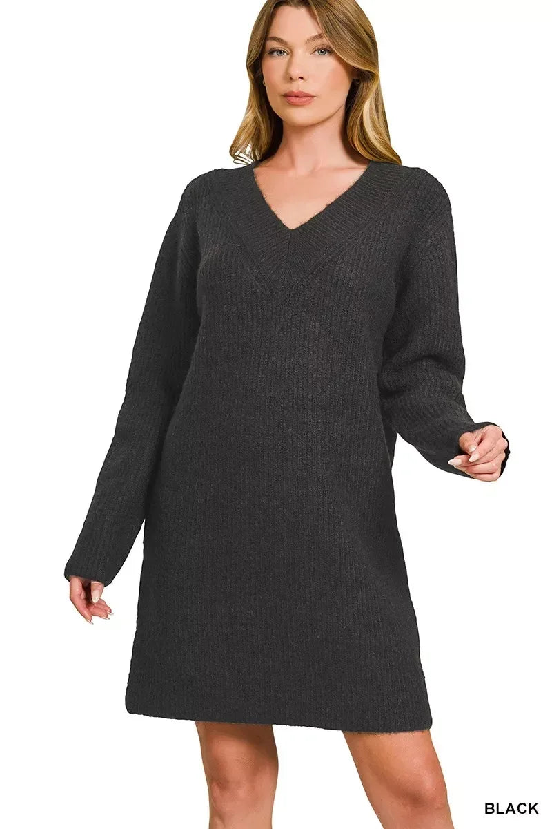 V-Neck Long Sleeve Ribbed Sweater Dress - DAVERRI FASHIONS