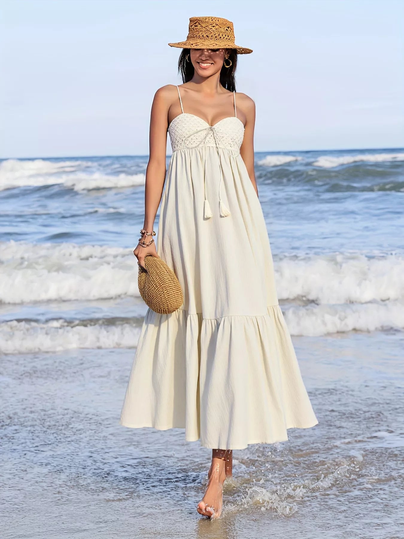 Daverri beige tiered maxi dress with lace bodice and spaghetti straps