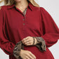 Umgee Half Button Blouse with Leopard Print Trim - DAVERRI FASHIONS