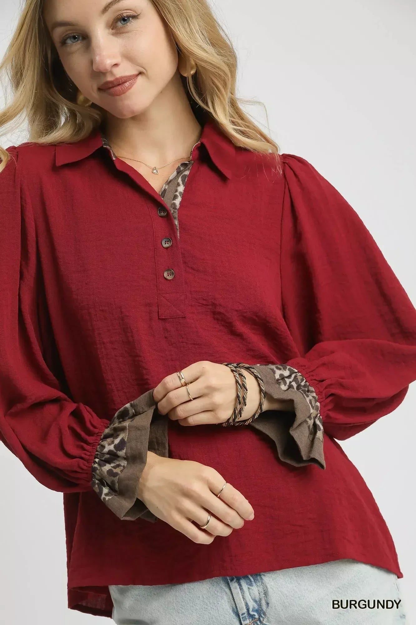 Umgee Half Button Blouse with Leopard Print Trim - DAVERRI FASHIONS
