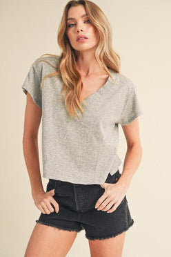 Aemi + Co Side Slit V-Neck Short Sleeve Cropped T-Shirt - DAVERRI FASHIONS