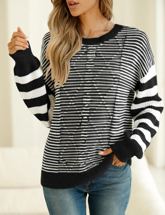 Striped Round Neck Dropped Shoulder Sweater | Sweaters Daverri Fashions
