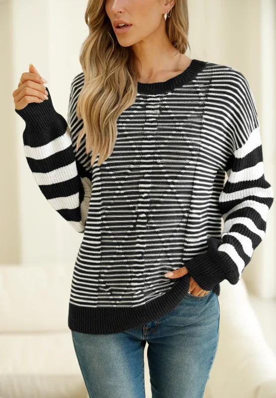 Striped Round Neck Dropped Shoulder Sweater | Sweaters Daverri Fashions