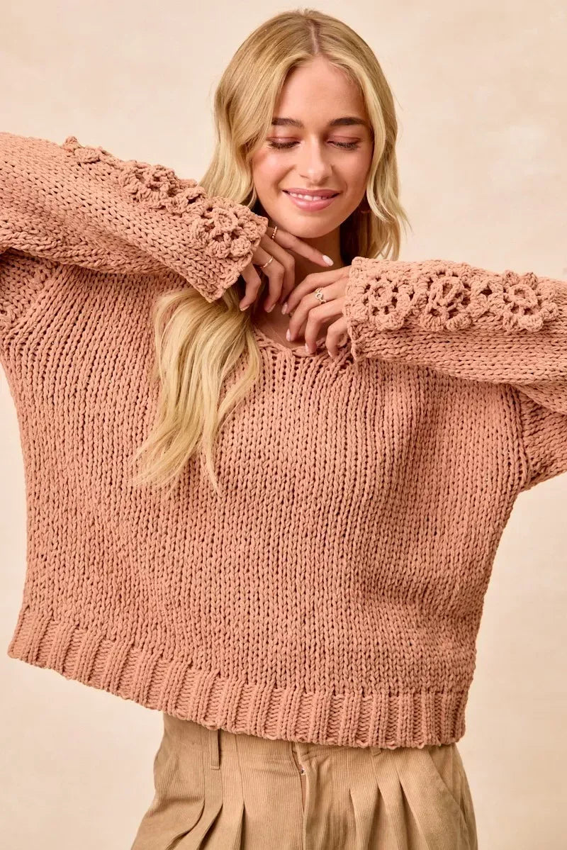 BiBi Chunky Knit Sweater with Flower Detail Sleeves - DAVERRI FASHIONS