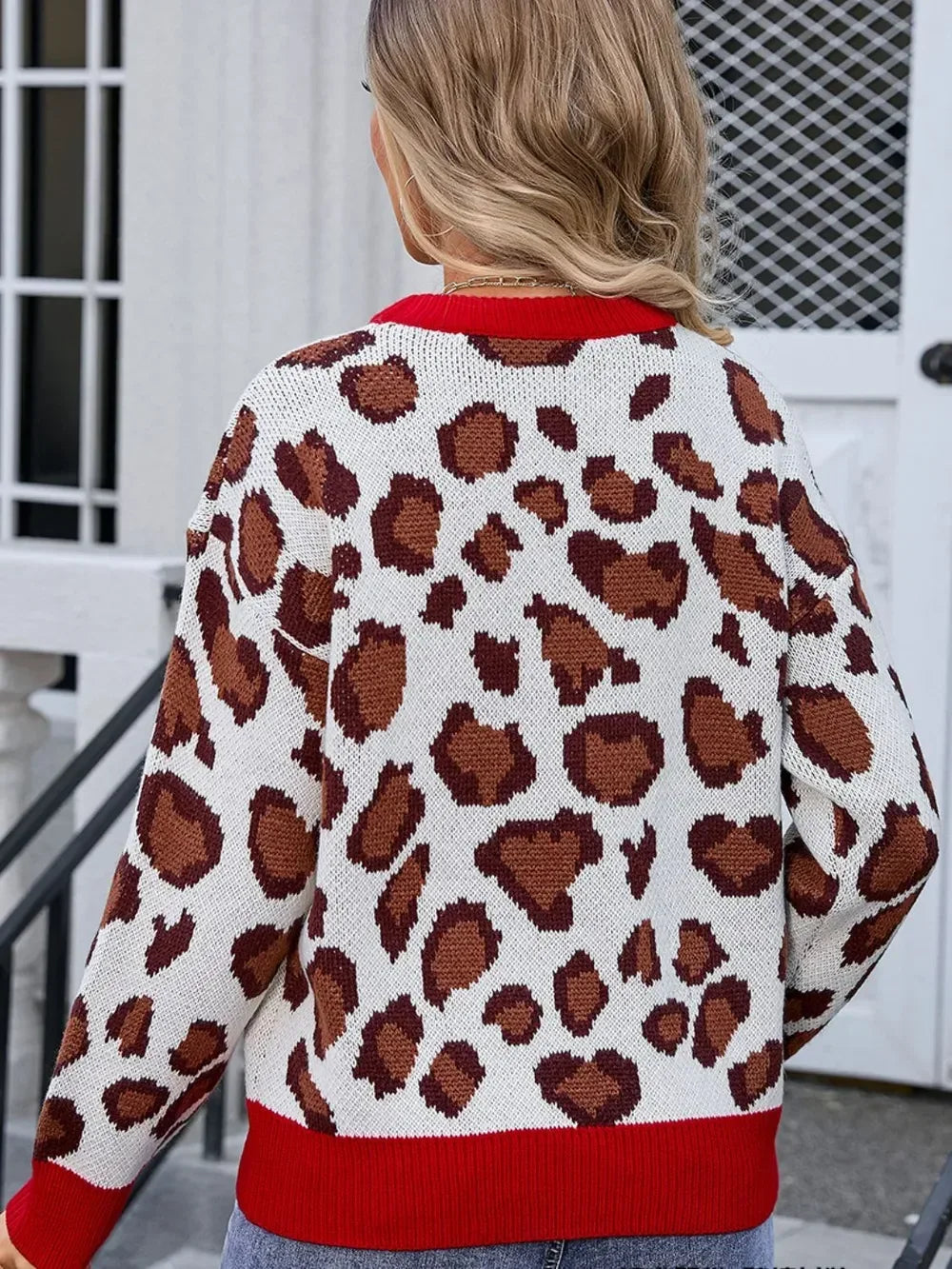 Leopard Round Neck Long Sleeve Sweater - DAVERRI FASHIONS