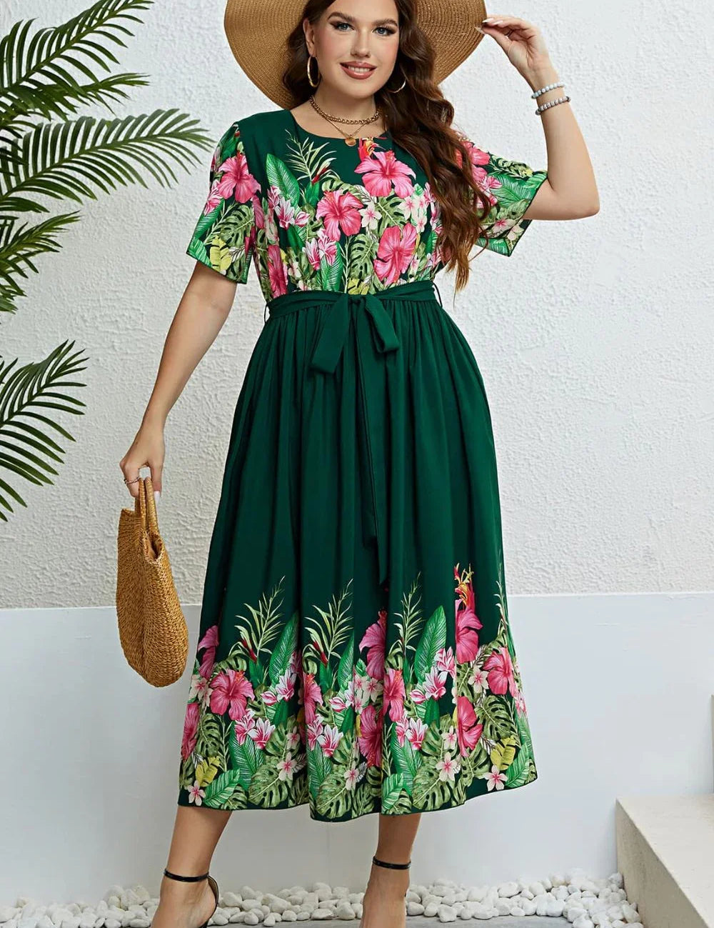 Honey Floral Tie-Waist Round Neck Dress with green floral print